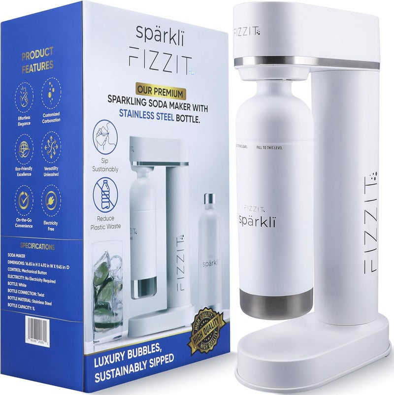Fizz It White Stainless Steel Sparkling Water Maker Soda Maker Includes 1 x CO2 Cylinder & 1L White Stainless Steel Bottle - Image 3